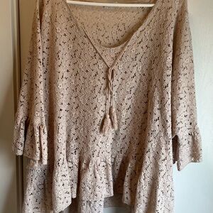 Lace Peasant Top with Tassel Tie - Beige